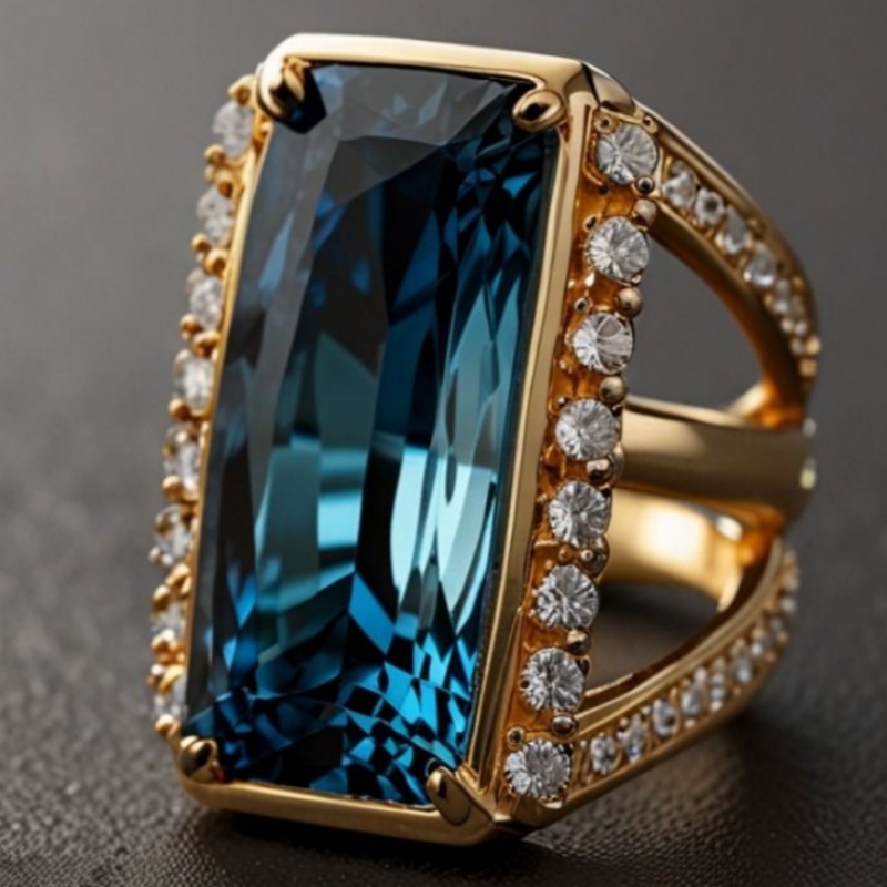 Hollowed-Out Double-Layer Wide Face Ring, Sea Blue Zirconia